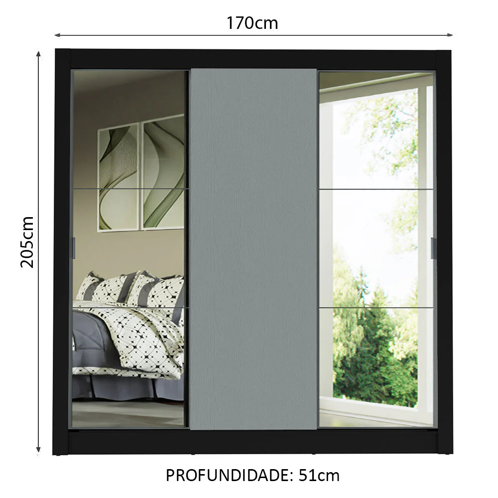 Guarda-Roupa Casal Madesa Mônaco 3 Portas de Correr com Espelhos Preto/Cinza - Image 3