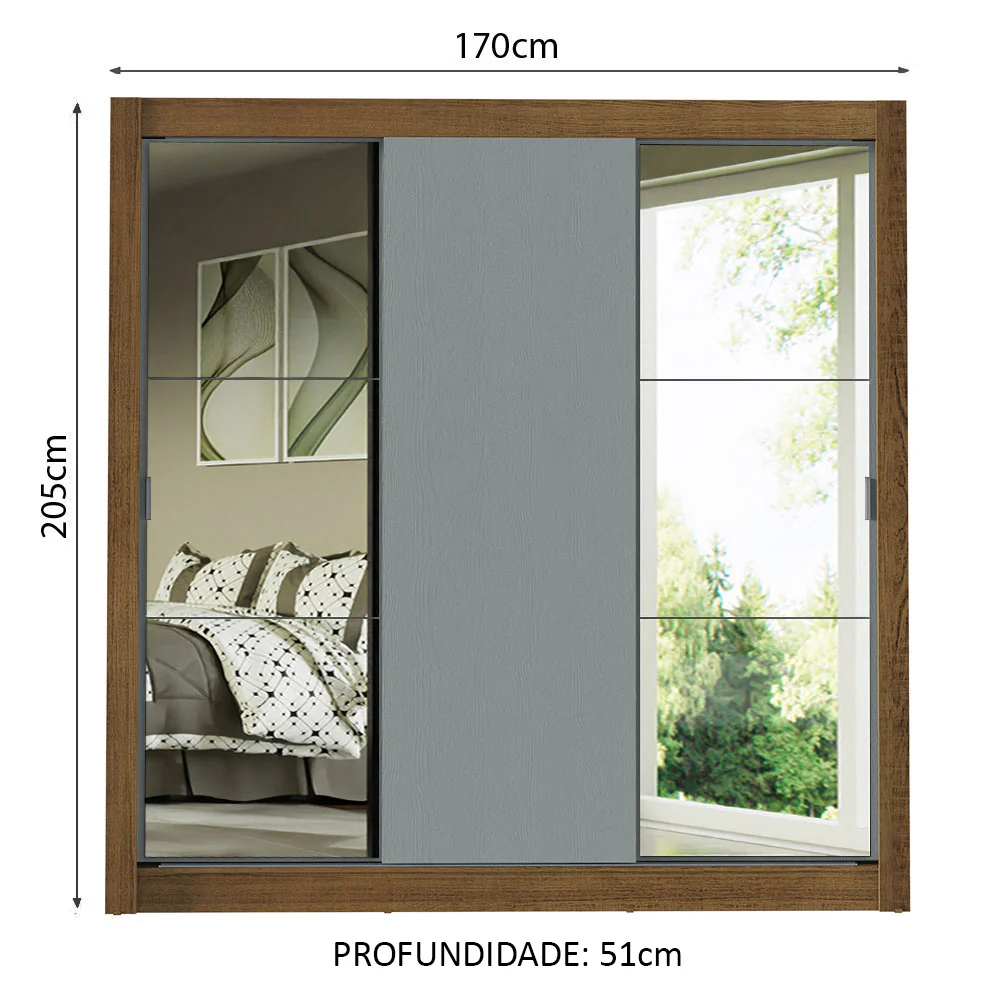 Guarda-Roupa Casal Madesa Mônaco 3 Portas de Correr com Espelhos Rustic/Cinza - Image 3