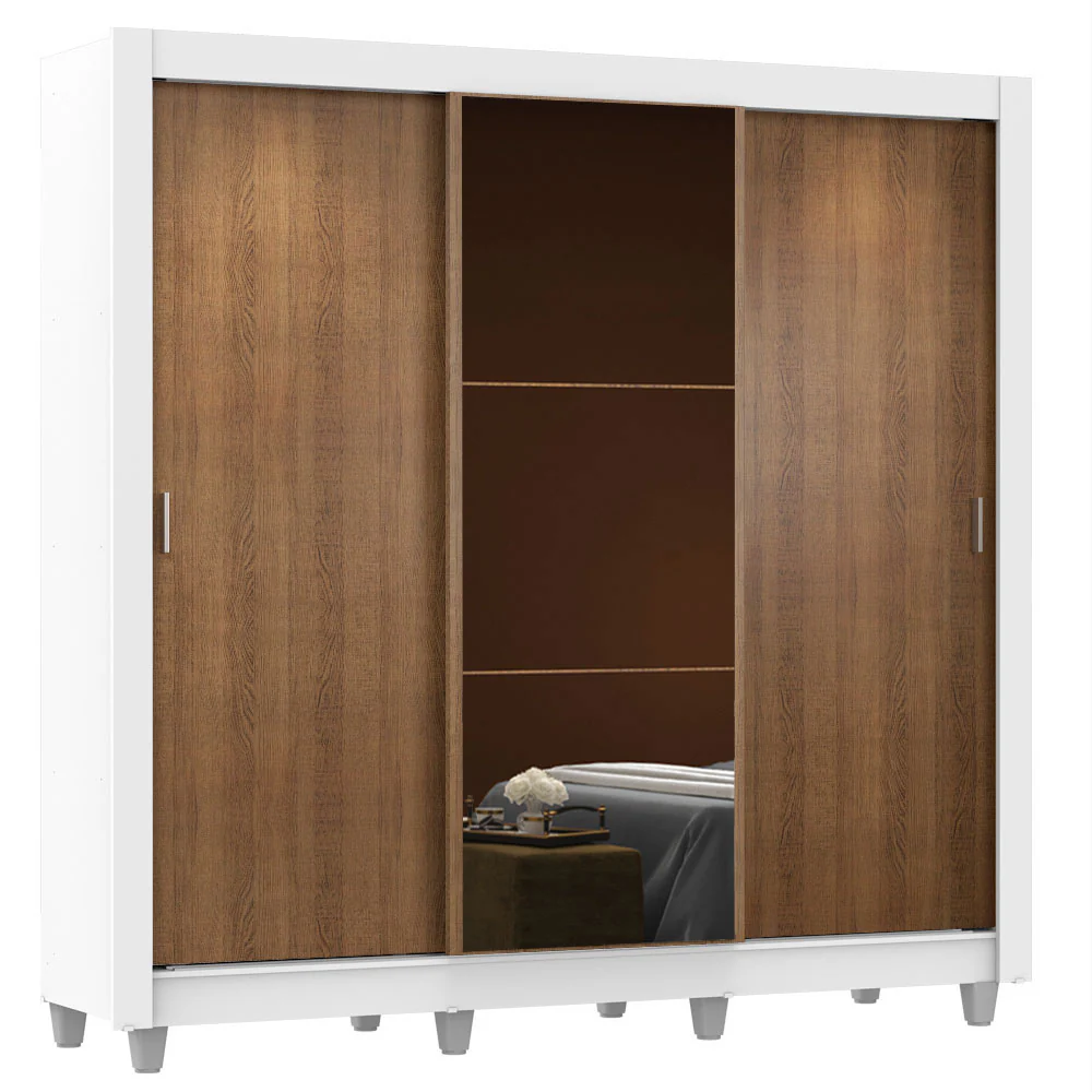 Guarda-Roupa Casal Madesa Mônaco 3 Portas de Correr com Espelho com Pés Branco/Rustic - Image 2