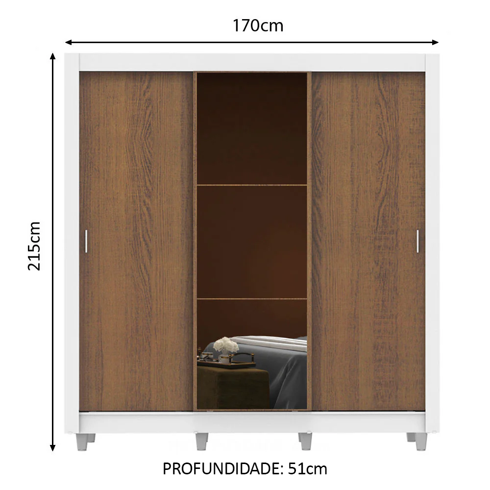 Guarda-Roupa Casal Madesa Mônaco 3 Portas de Correr com Espelho com Pés Branco/Rustic - Image 3