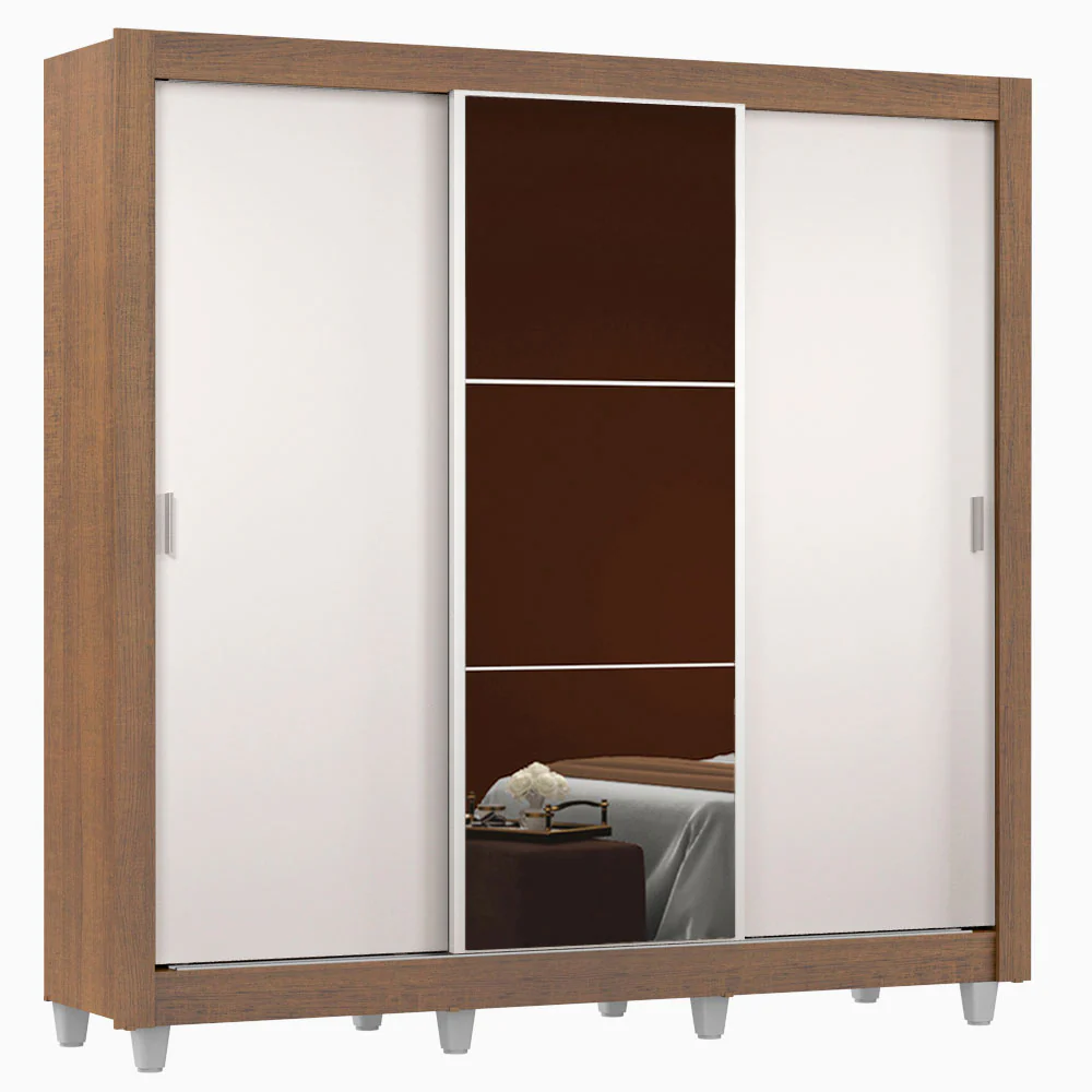 Guarda-Roupa Casal Madesa Mônaco 3 Portas de Correr com Espelho com Pés Rustic/Branco - Image 2
