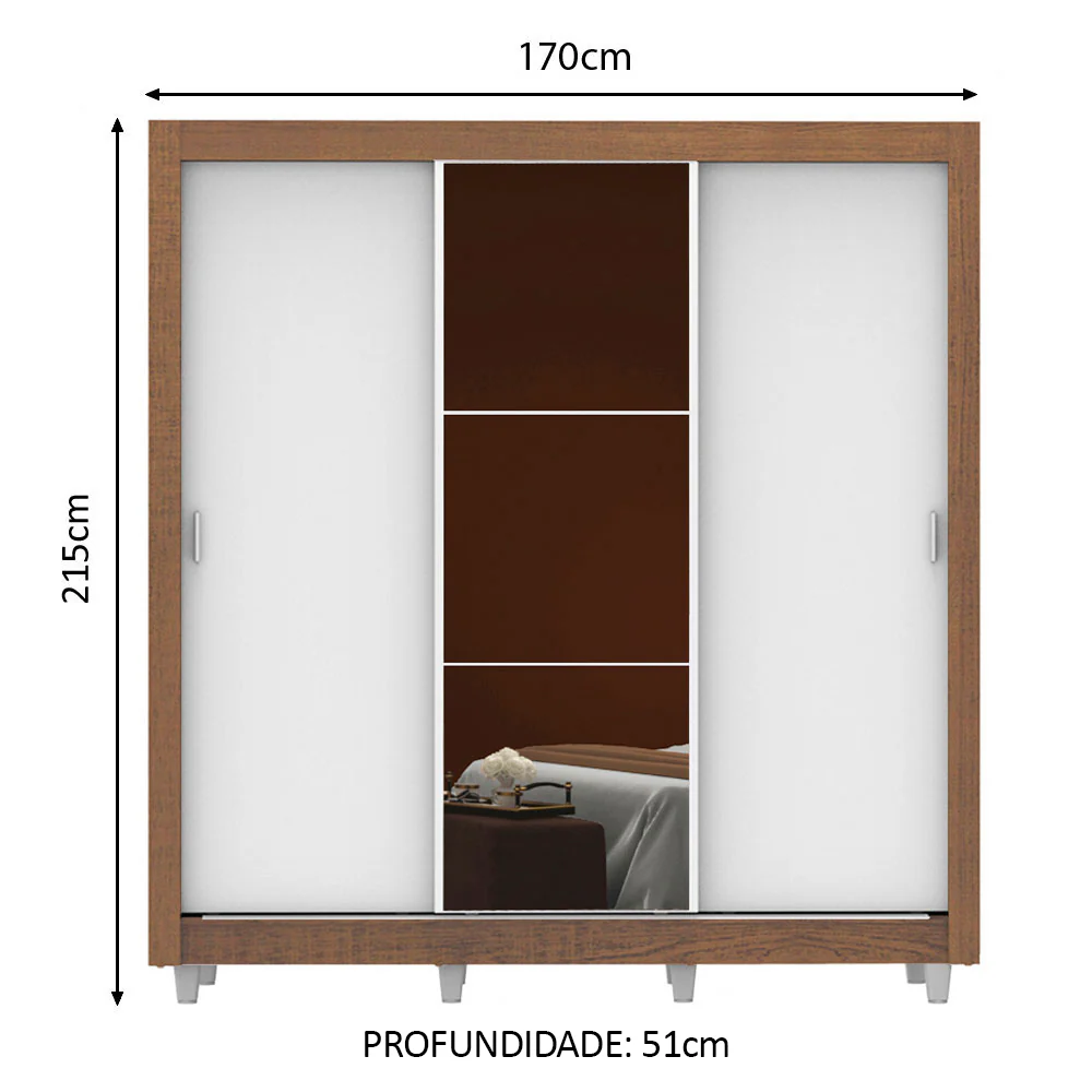 Guarda-Roupa Casal Madesa Mônaco 3 Portas de Correr com Espelho com Pés Rustic/Branco - Image 3