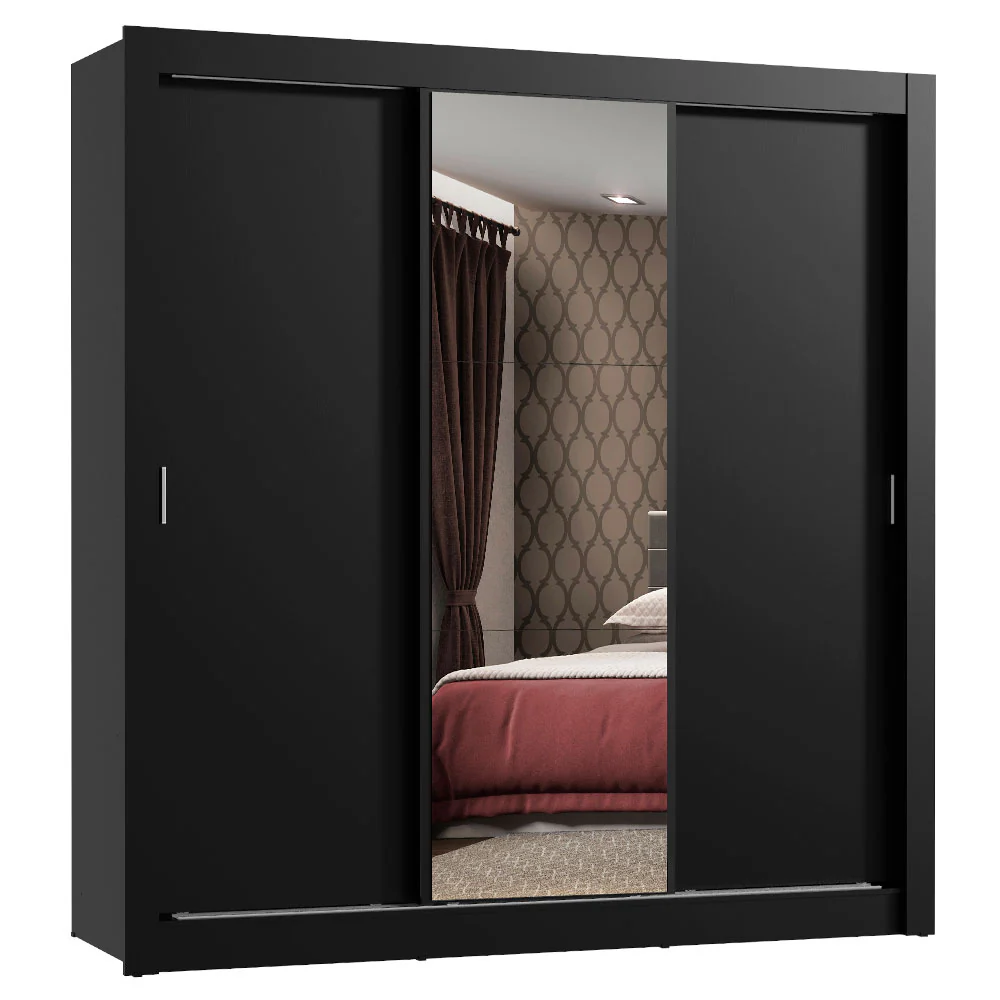 Guarda-Roupa Casal 3 Portas de Correr com Espelho Preto Madesa Mônaco - Image 2