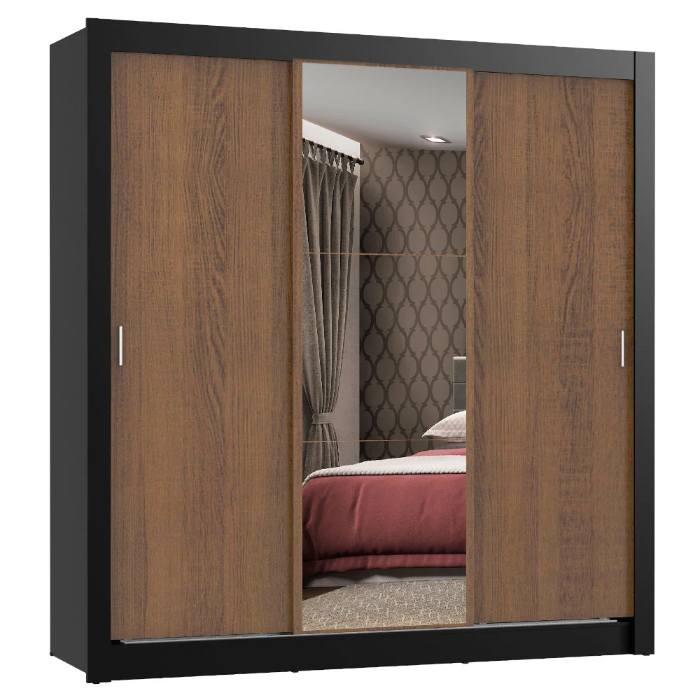 Guarda-Roupa Casal 3 Portas de Correr com Espelho Preto/Rustic Madesa Mônaco - Image 2