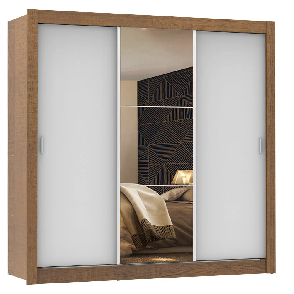 Guarda-Roupa Casal 3 Portas de Correr com Espelho Rustic/Branco Madesa Mônaco - Image 2
