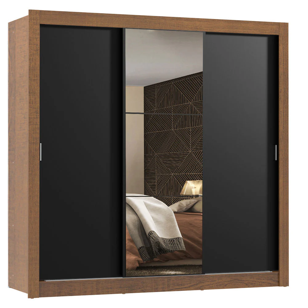 Guarda-Roupa Casal Madesa Mônaco 3 Portas de Correr com Espelho Rustic/Preto - Image 2