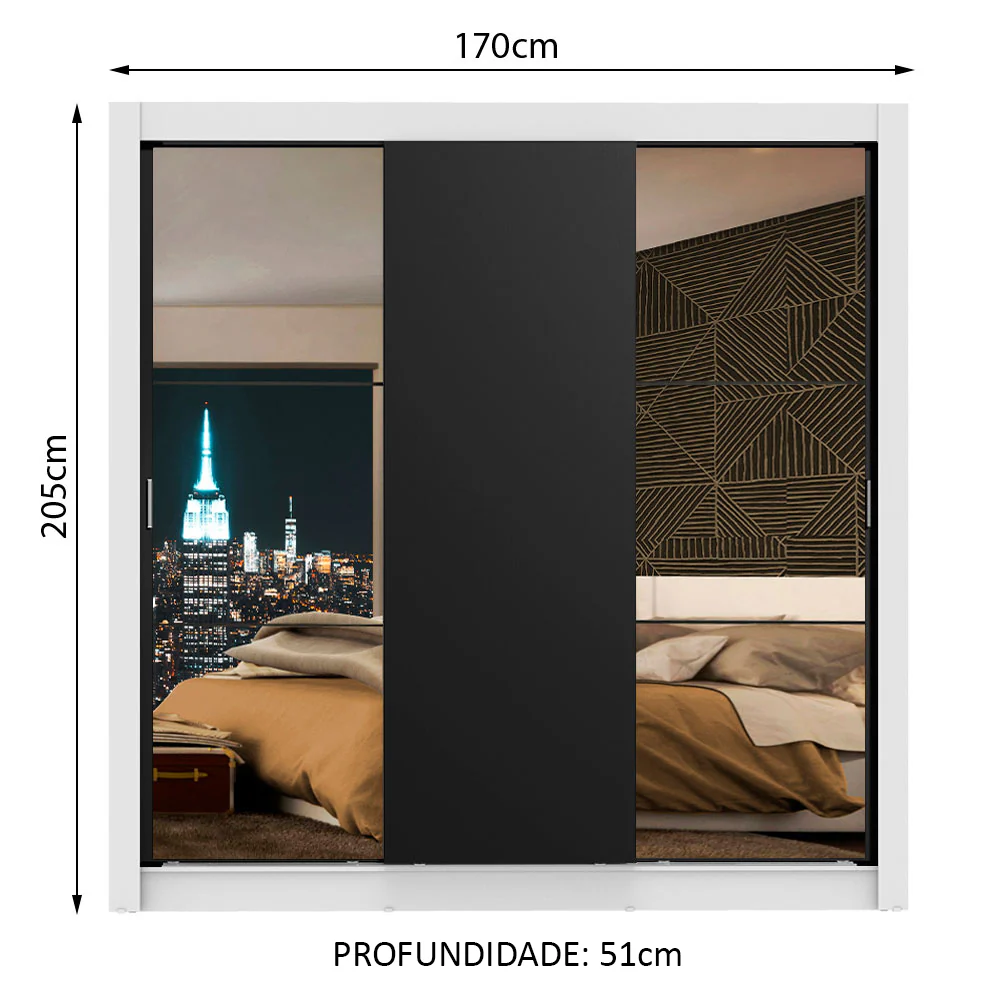 Guarda-Roupa Casal Madesa Mônaco 3 Portas de Correr com Espelhos Branco/Preto - Image 3