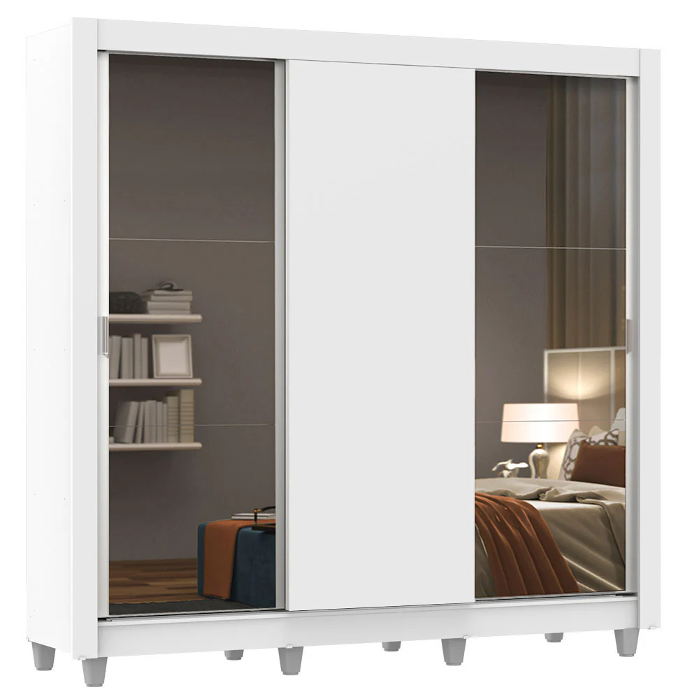 Guarda-Roupa Casal Madesa Mônaco 3 Portas de Correr com Espelhos com Pés Branco - Image 2