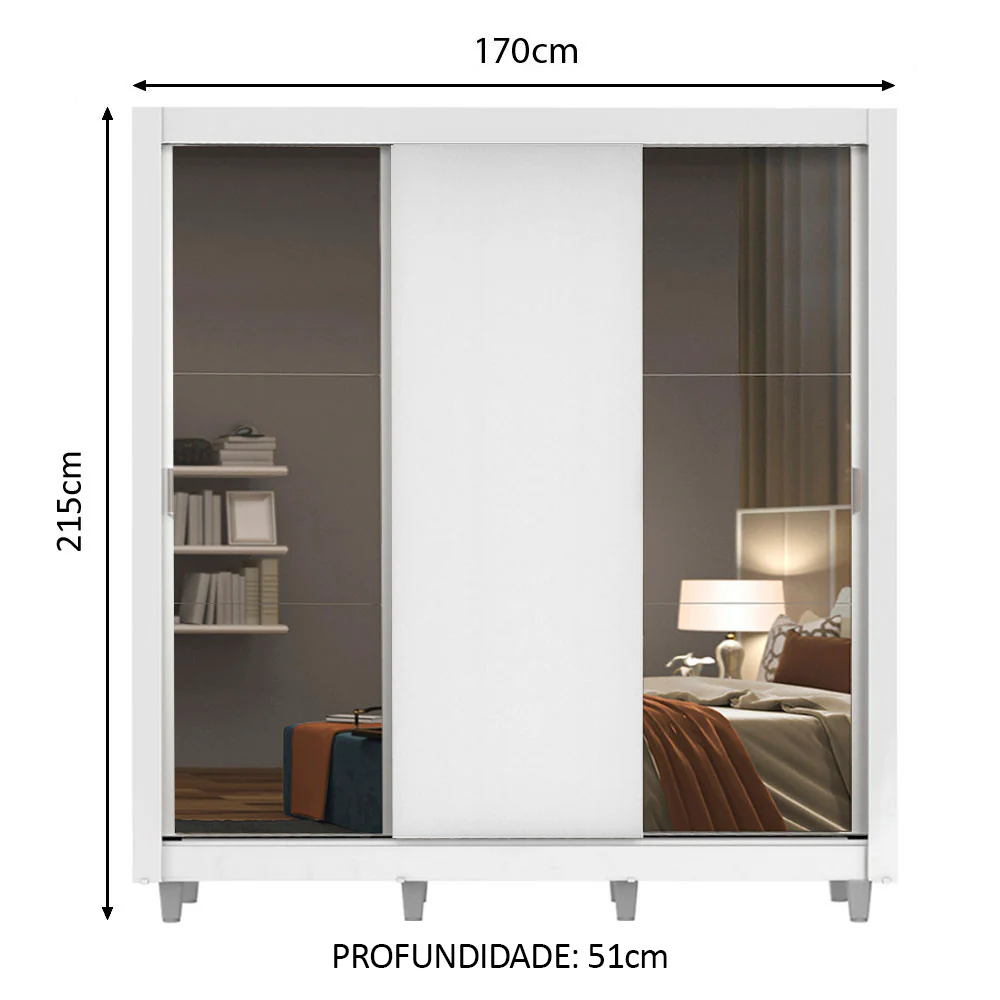 Guarda-Roupa Casal Madesa Mônaco 3 Portas de Correr com Espelhos com Pés Branco - Image 3