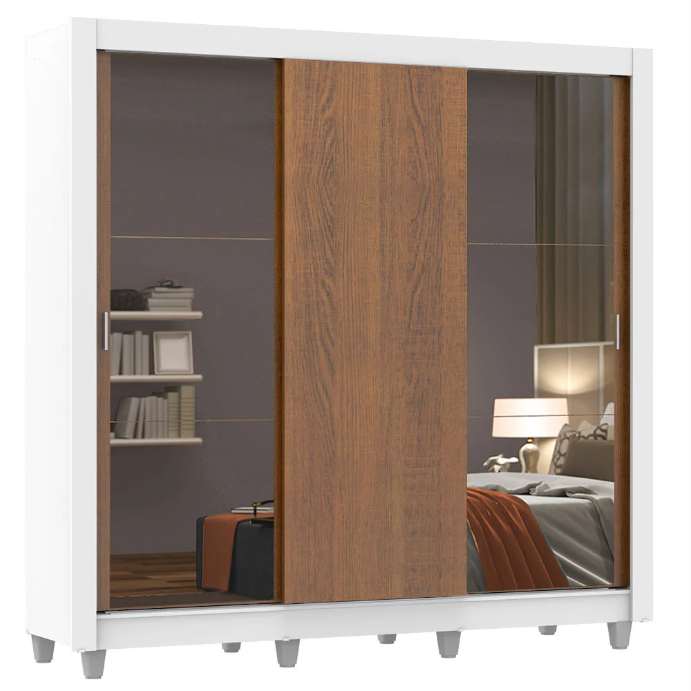 Guarda-Roupa Casal Madesa Mônaco 3 Portas de Correr com Espelhos com Pés Branco/Rustic - Image 2