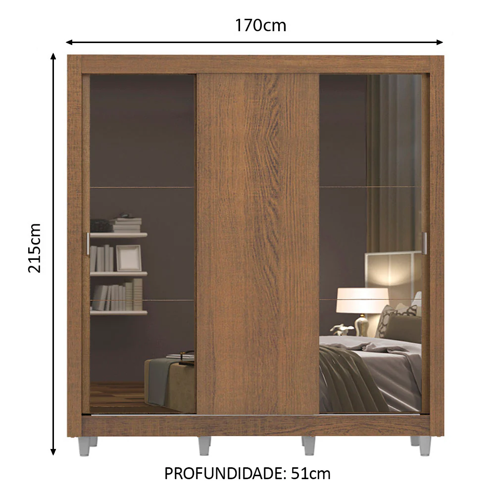 Guarda-Roupa Casal Madesa Mônaco 3 Portas de Correr com Espelhos com Pés Rustic - Image 3