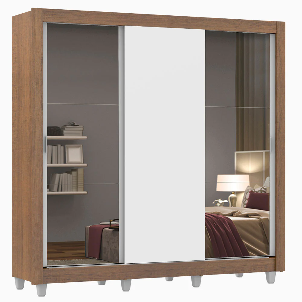 Guarda-Roupa Casal Madesa Mônaco 3 Portas de Correr com Espelhos com Pés Rustic/Branco - Image 2