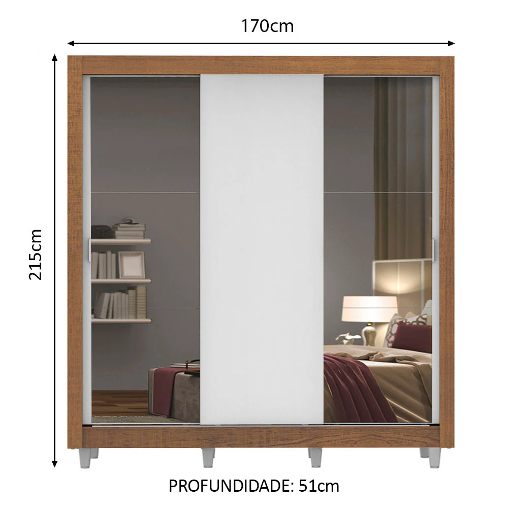 Guarda-Roupa Casal Madesa Mônaco 3 Portas de Correr com Espelhos com Pés Rustic/Branco - Image 3