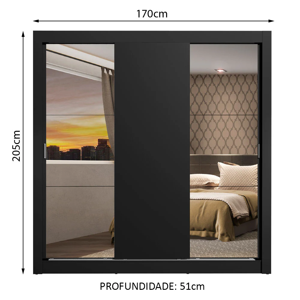 Guarda-Roupa Casal Madesa Mônaco 3 Portas de Correr com Espelhos Preto - Image 3