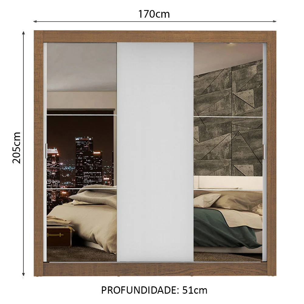Guarda-Roupa Casal Madesa Mônaco 3 Portas de Correr com Espelhos Rustic/Branco - Image 3