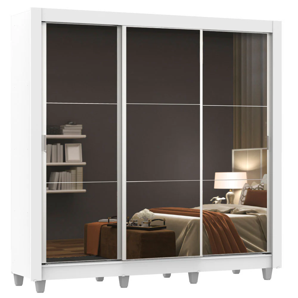Guarda-Roupa Casal Madesa Mônaco 3 Portas de Correr de Espelho com Pés Branco - Image 2