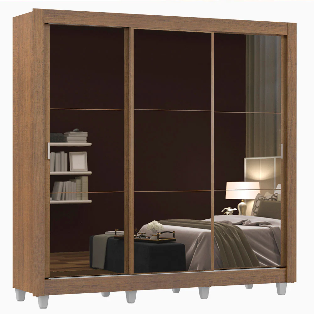 Guarda-Roupa Casal Madesa Mônaco 3 Portas de Correr de Espelho com Pés Rustic - Image 2