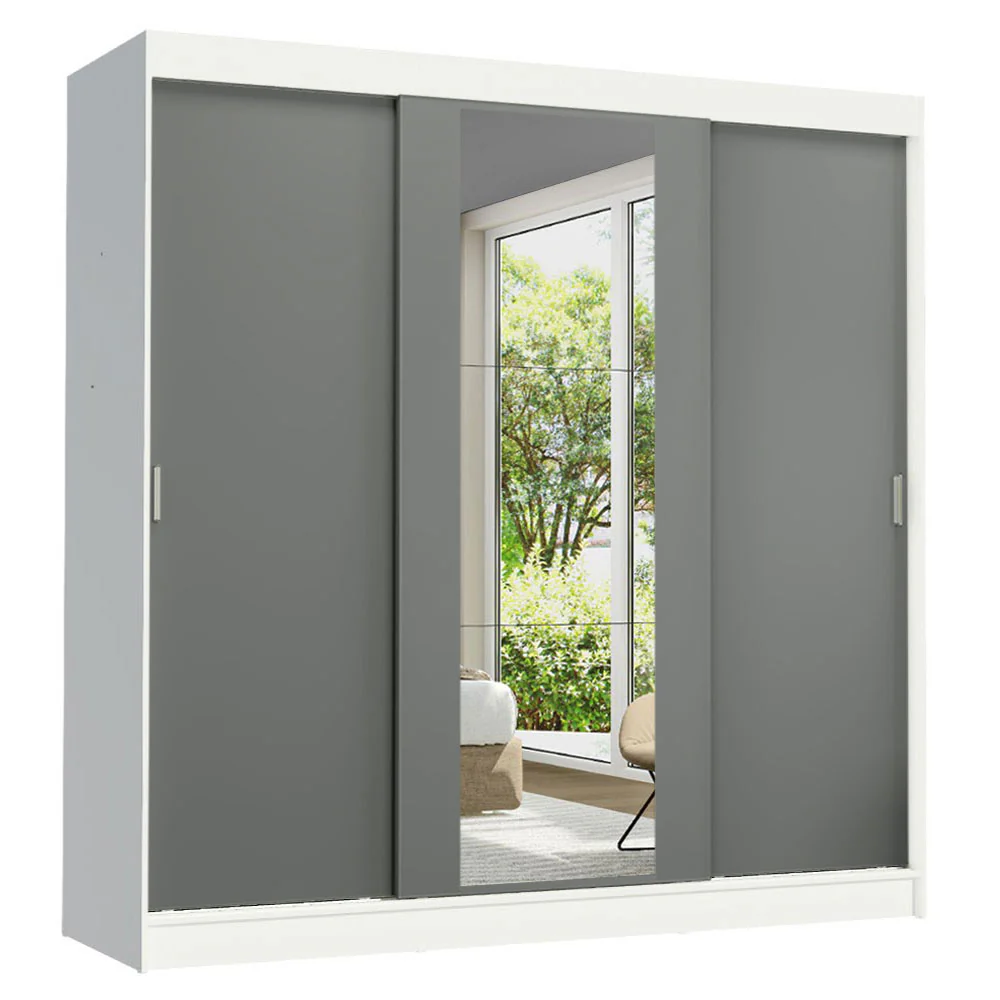 Guarda-Roupa Casal 3 Portas de Correr com Espelho Branco/Cinza Madesa Reno - Image 2