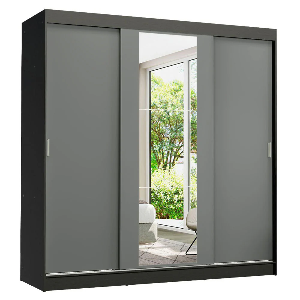 Guarda-Roupa Casal Madesa Reno 3 Portas de Correr com Espelho Preto/Cinza - Image 2