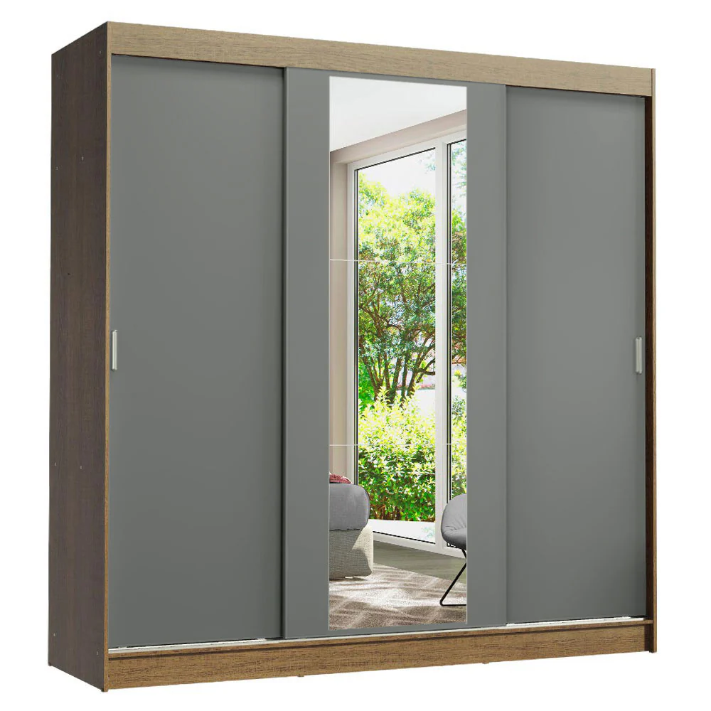 Guarda-Roupa Casal 3 Portas de Correr com Espelho Rustic/Cinza Madesa Reno - Image 2