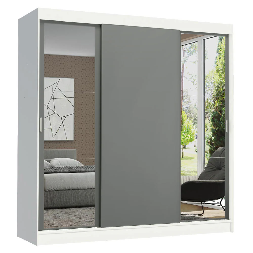 Guarda-Roupa Casal Madesa Reno 3 Portas de Correr com Espelhos Branco/Cinza - Image 2