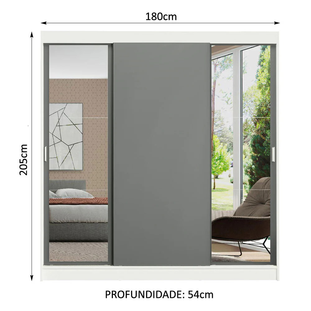 Guarda-Roupa Casal Madesa Reno 3 Portas de Correr com Espelhos Branco/Cinza - Image 3