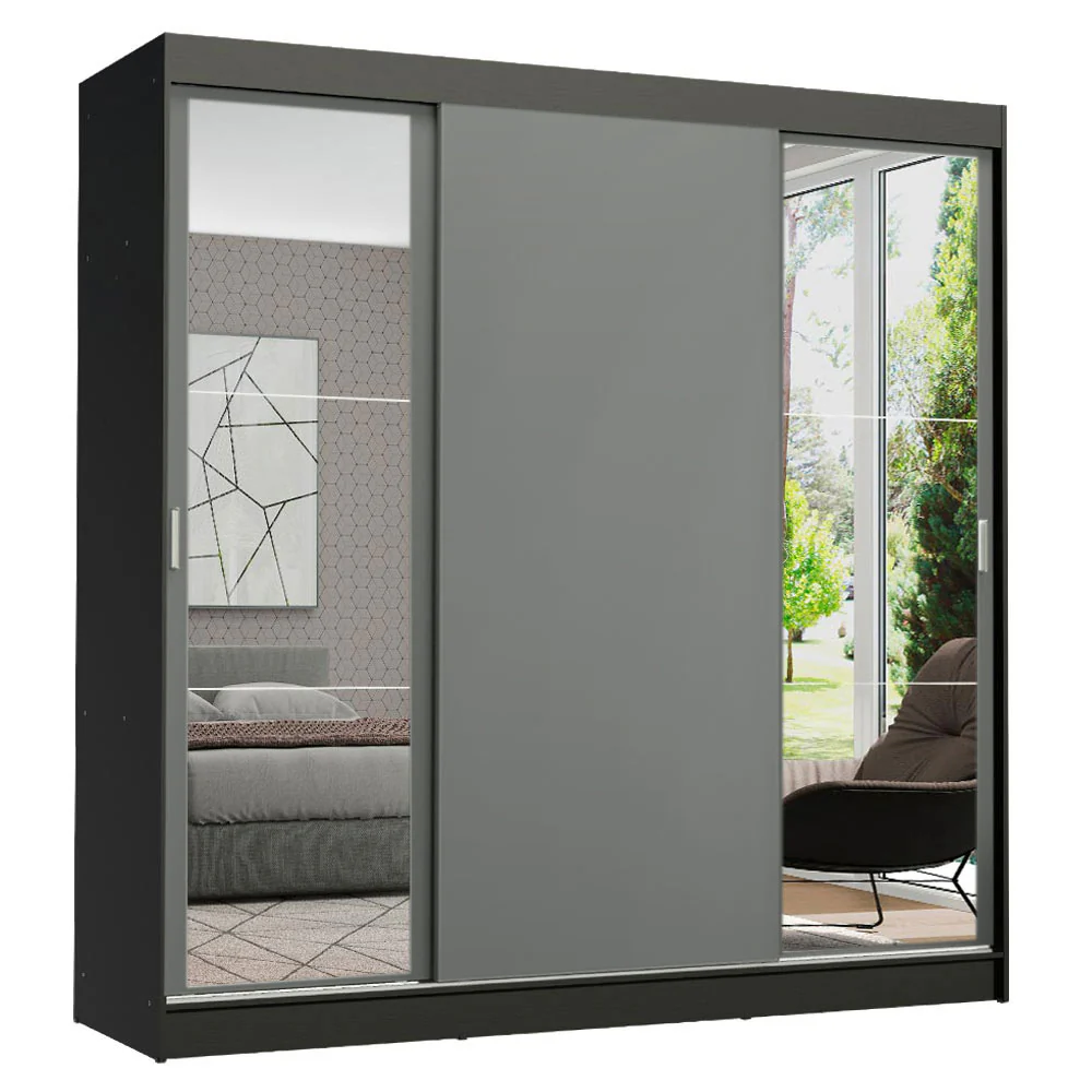 Guarda-Roupa Casal Madesa Reno 3 Portas de Correr com Espelhos Preto/Cinza - Image 2