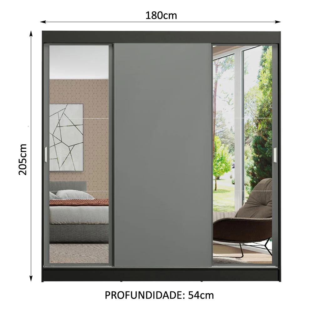 Guarda-Roupa Casal Madesa Reno 3 Portas de Correr com Espelhos Preto/Cinza - Image 3