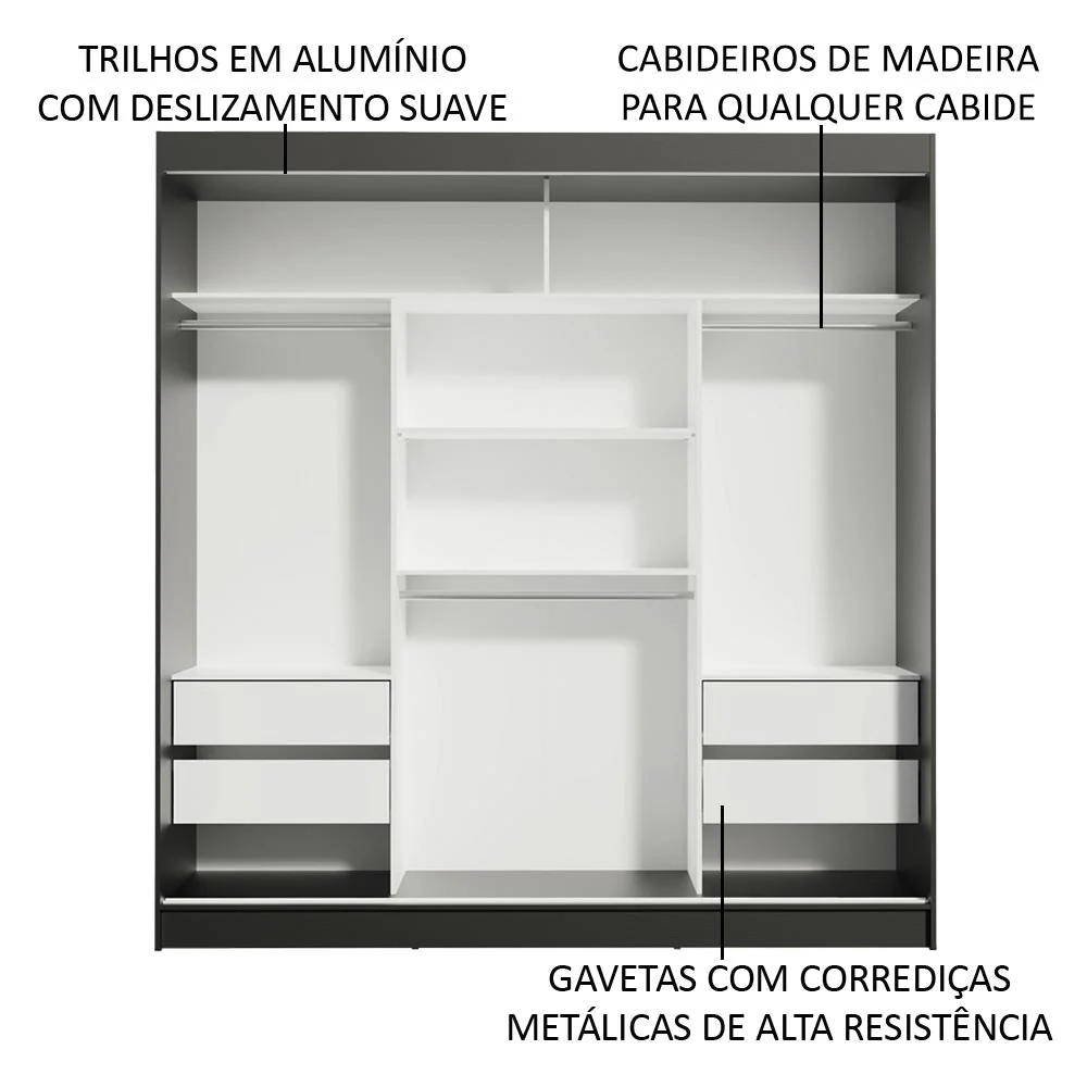 Guarda-Roupa Casal Madesa Reno 3 Portas de Correr com Espelhos Preto/Cinza - Image 5
