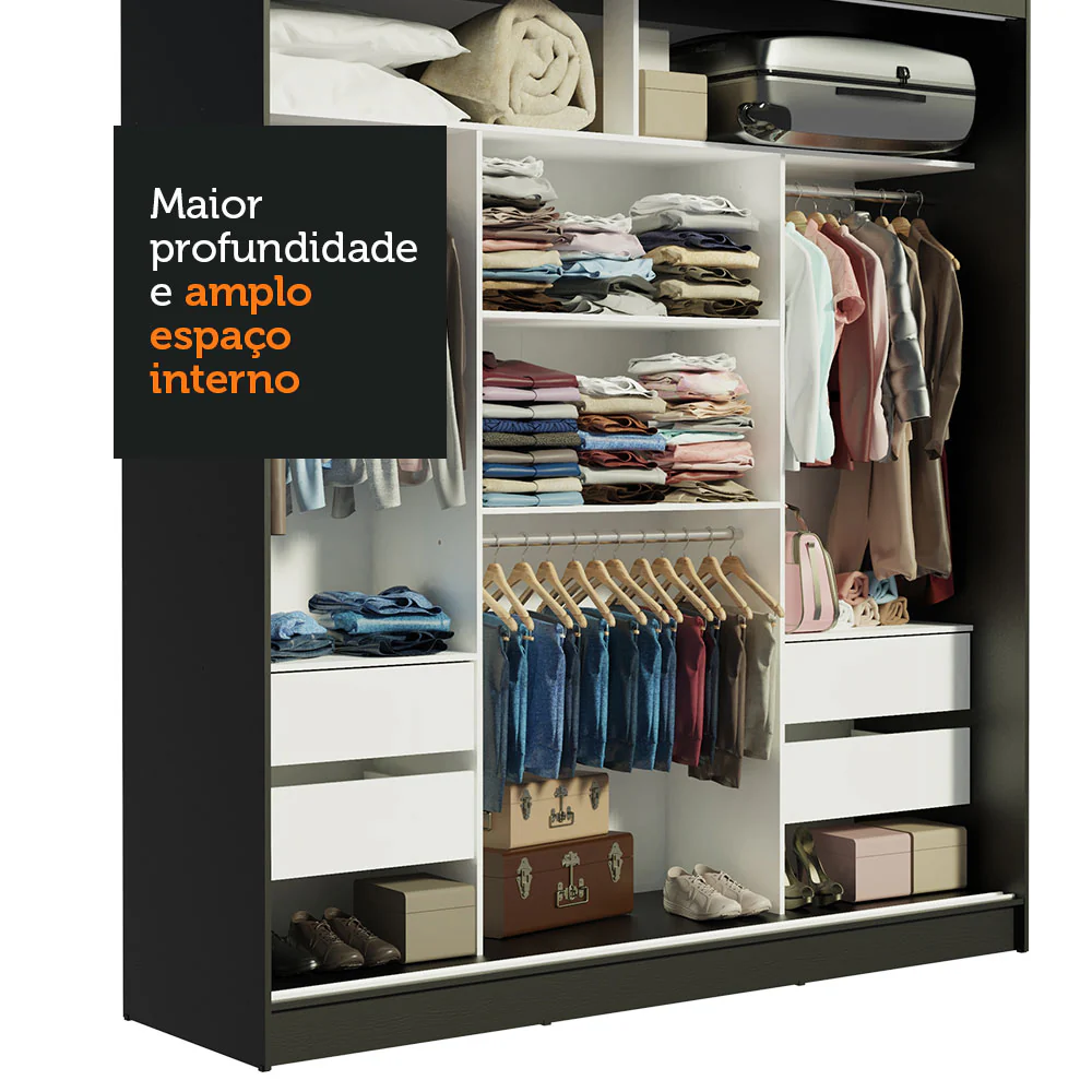 Guarda-Roupa Casal Madesa Reno 3 Portas de Correr com Espelhos Preto/Cinza - Image 6