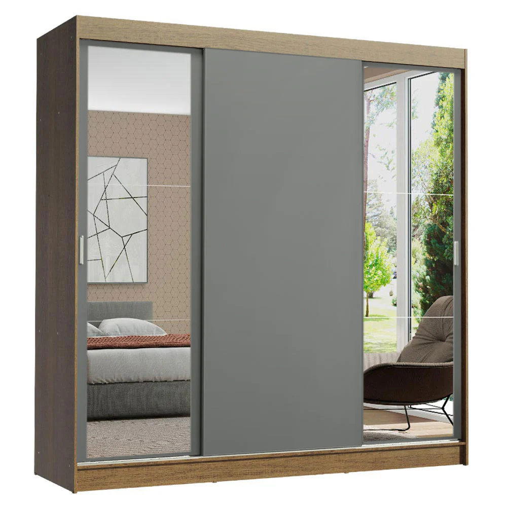 Guarda-Roupa Casal Madesa Reno 3 Portas de Correr com Espelhos Rustic/Cinza - Image 2