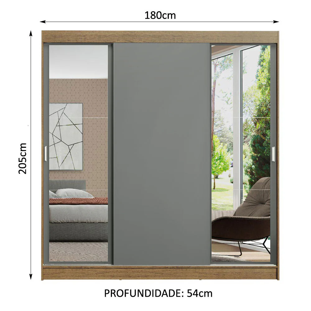 Guarda-Roupa Casal Madesa Reno 3 Portas de Correr com Espelhos Rustic/Cinza - Image 3