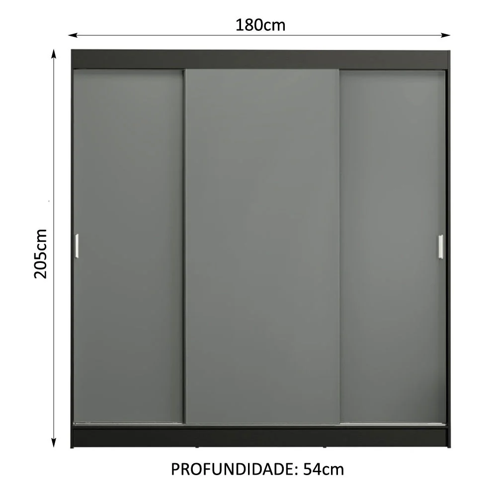 Guarda-Roupa Casal Madesa Reno 3 Portas de Correr Preto/Cinza - Image 3