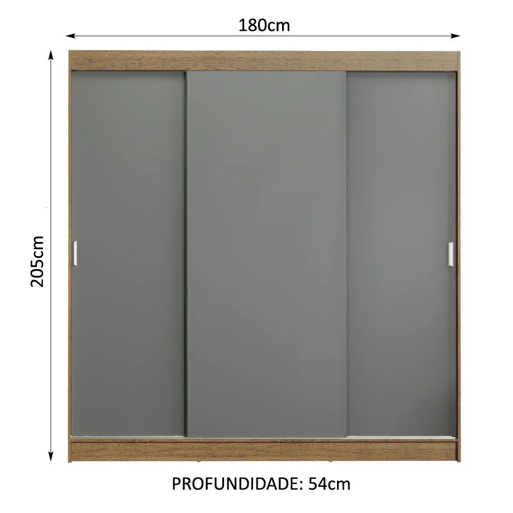 Guarda-Roupa Casal Madesa Reno 3 Portas de Correr Rustic/Cinza - Image 3