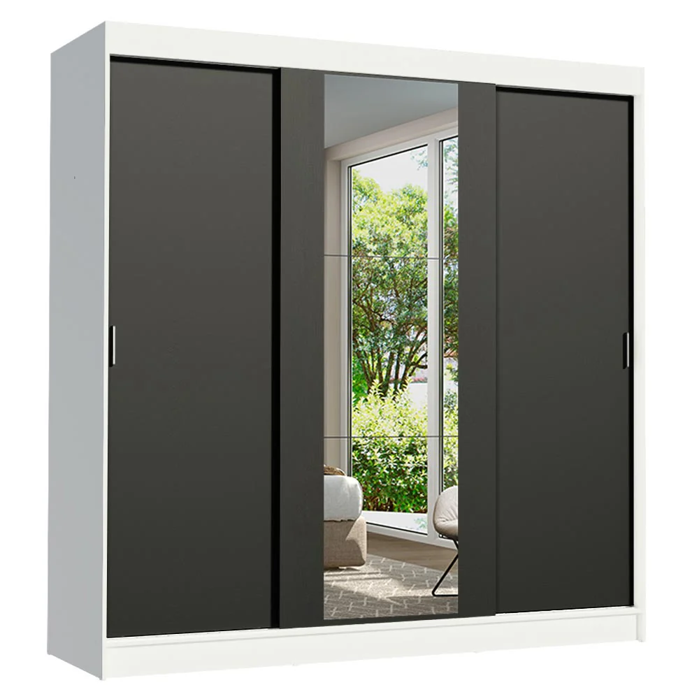 Guarda-Roupa Casal Madesa Reno 3 Portas de Correr com Espelho Branco/Preto - Image 2