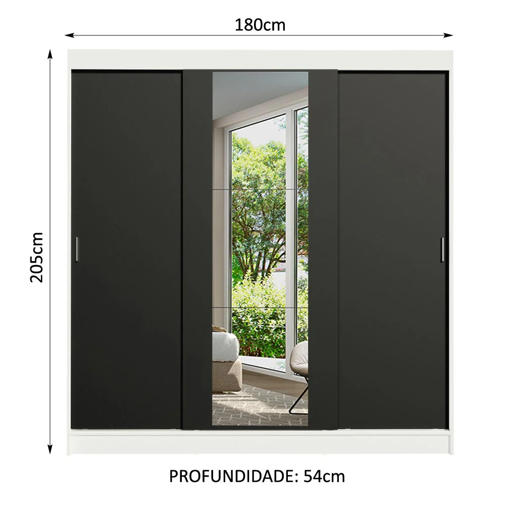 Guarda-Roupa Casal Madesa Reno 3 Portas de Correr com Espelho Branco/Preto - Image 3