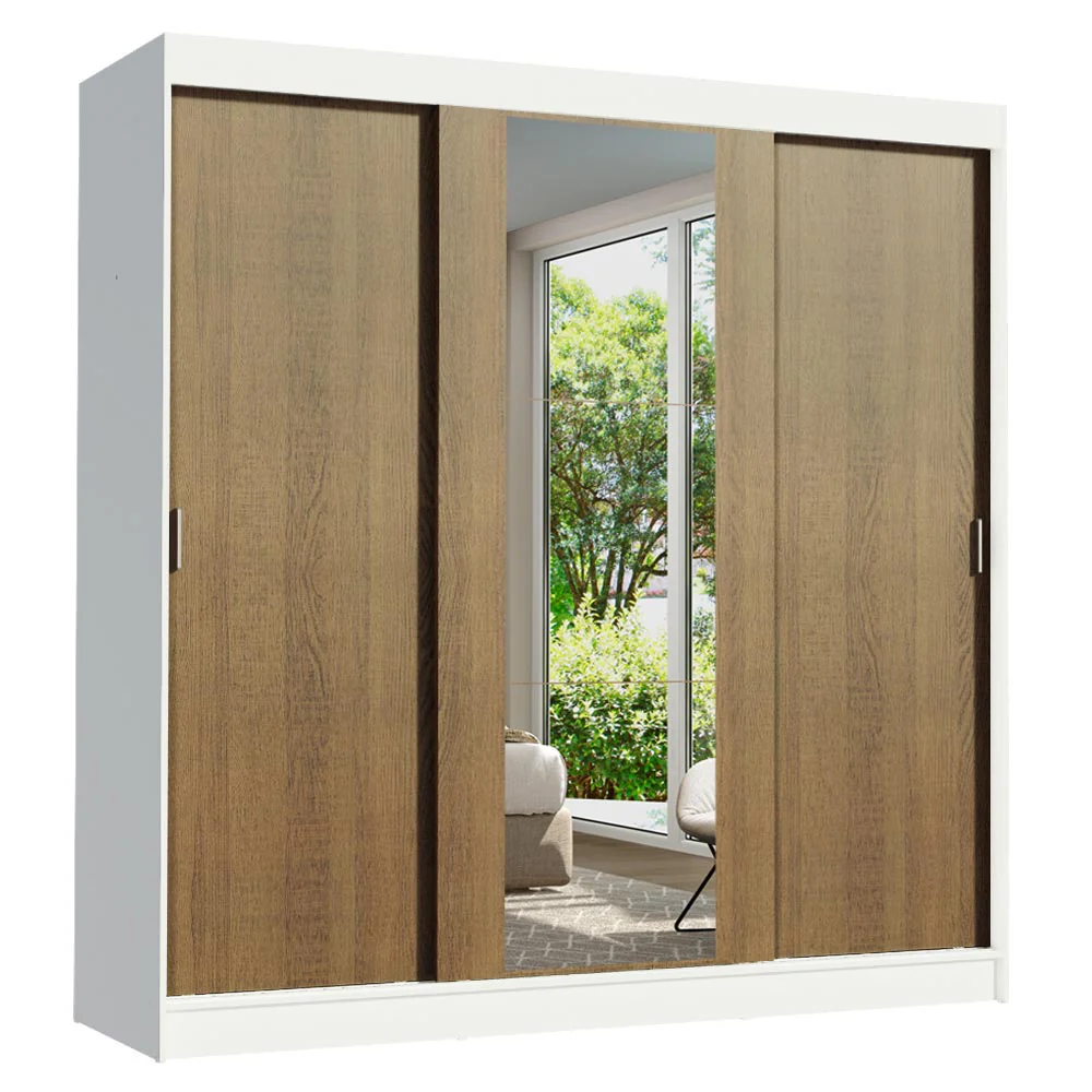 Guarda-Roupa Casal 3 Portas de Correr com Espelho Branco/Rustic Madesa Reno - Image 2