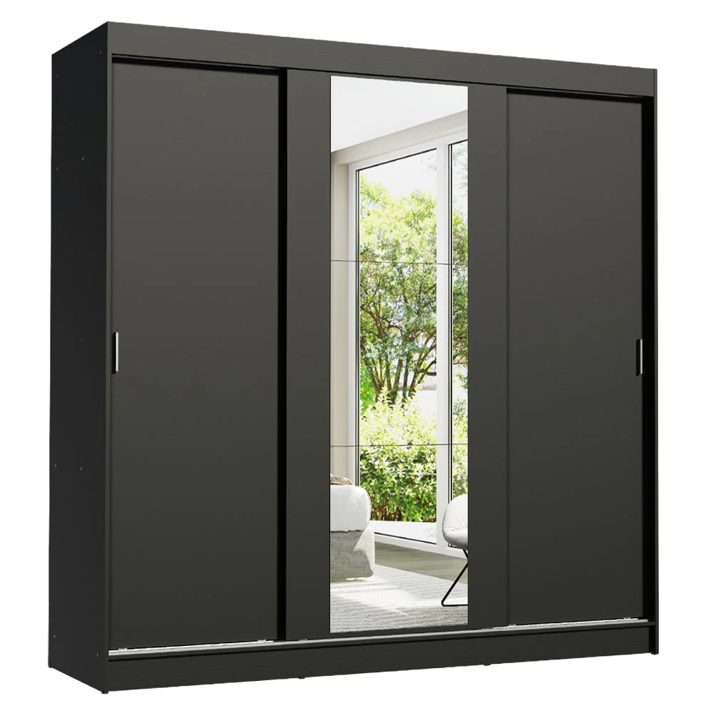 Guarda-Roupa Casal 3 Portas de Correr com Espelho Preto Madesa Reno - Image 2