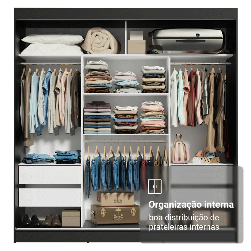 Guarda-Roupa Casal 3 Portas de Correr com Espelho Preto Madesa Reno - Image 6