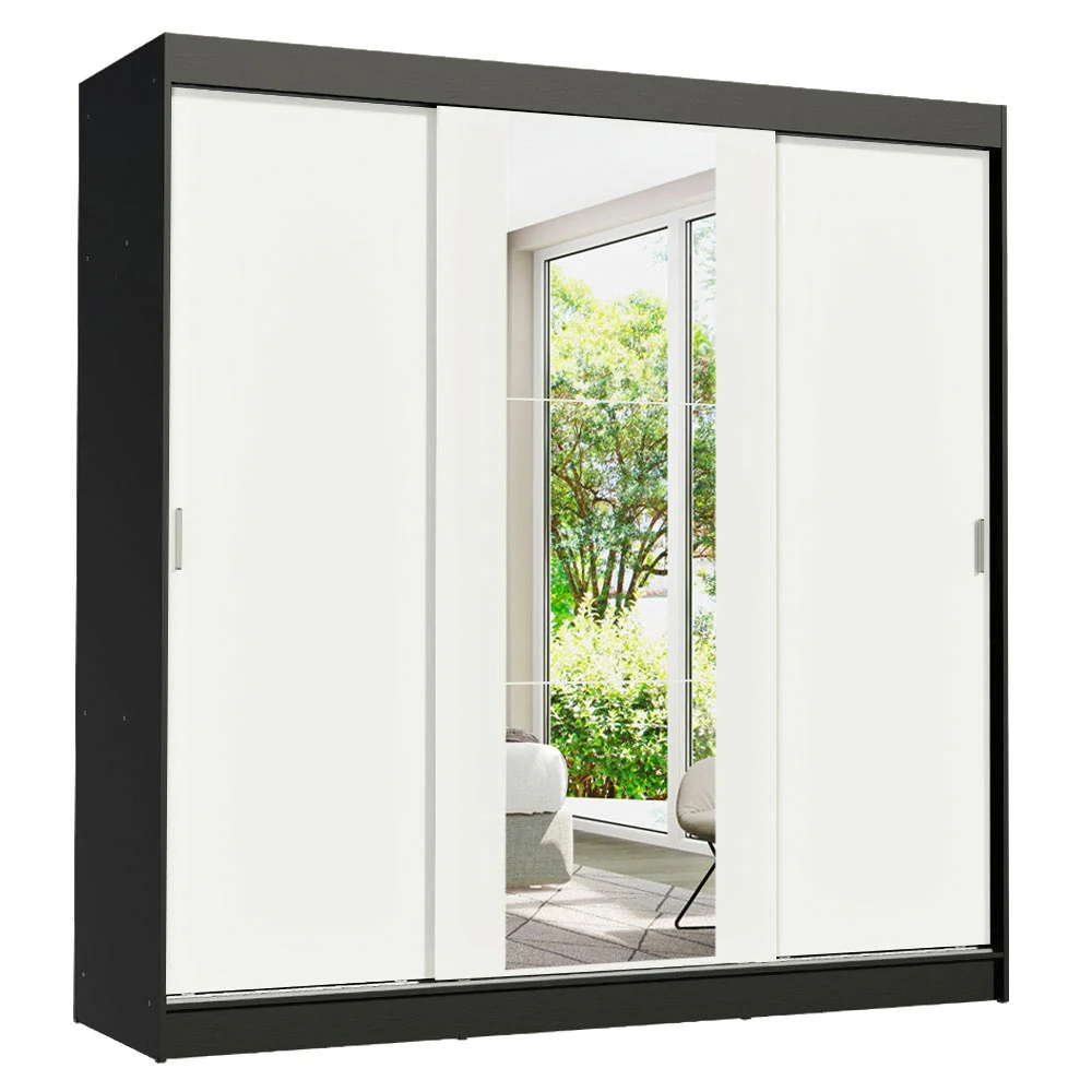 Guarda-Roupa Casal Madesa Reno 3 Portas de Correr com Espelho Preto/Branco - Image 2