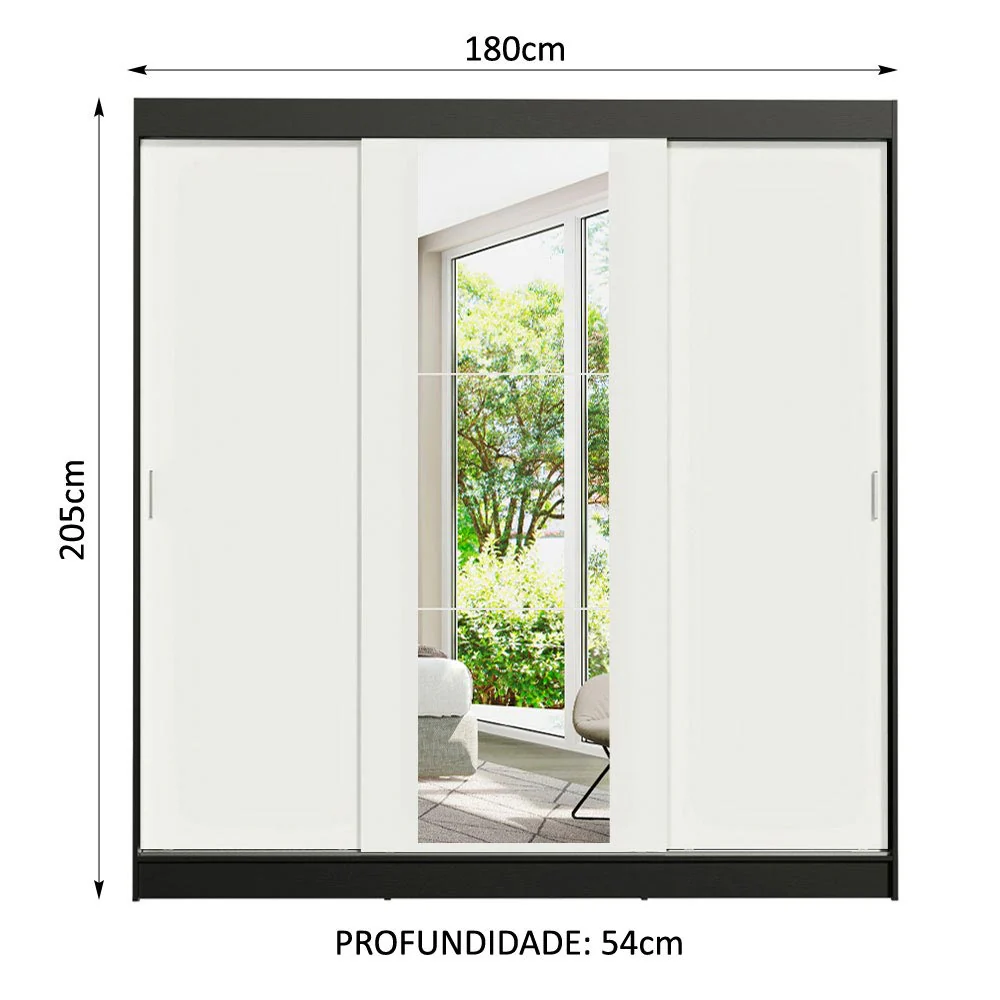 Guarda-Roupa Casal Madesa Reno 3 Portas de Correr com Espelho Preto/Branco - Image 3