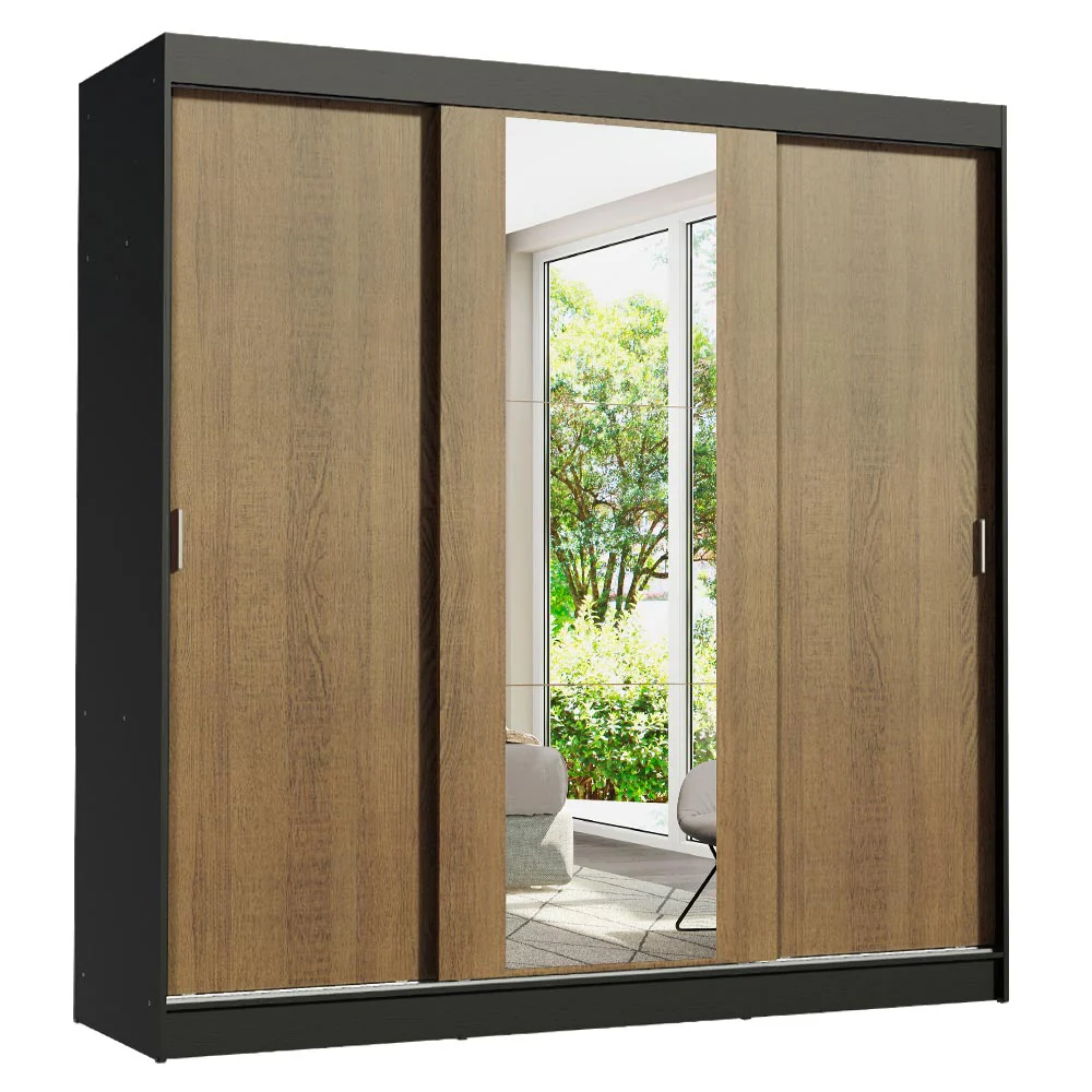 Guarda-Roupa Casal Madesa Reno 3 Portas de Correr com Espelho Preto/Rustic - Image 2