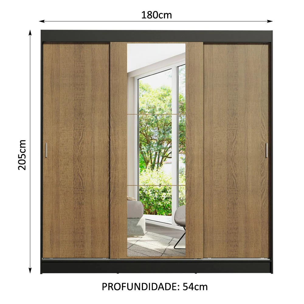 Guarda-Roupa Casal Madesa Reno 3 Portas de Correr com Espelho Preto/Rustic - Image 3