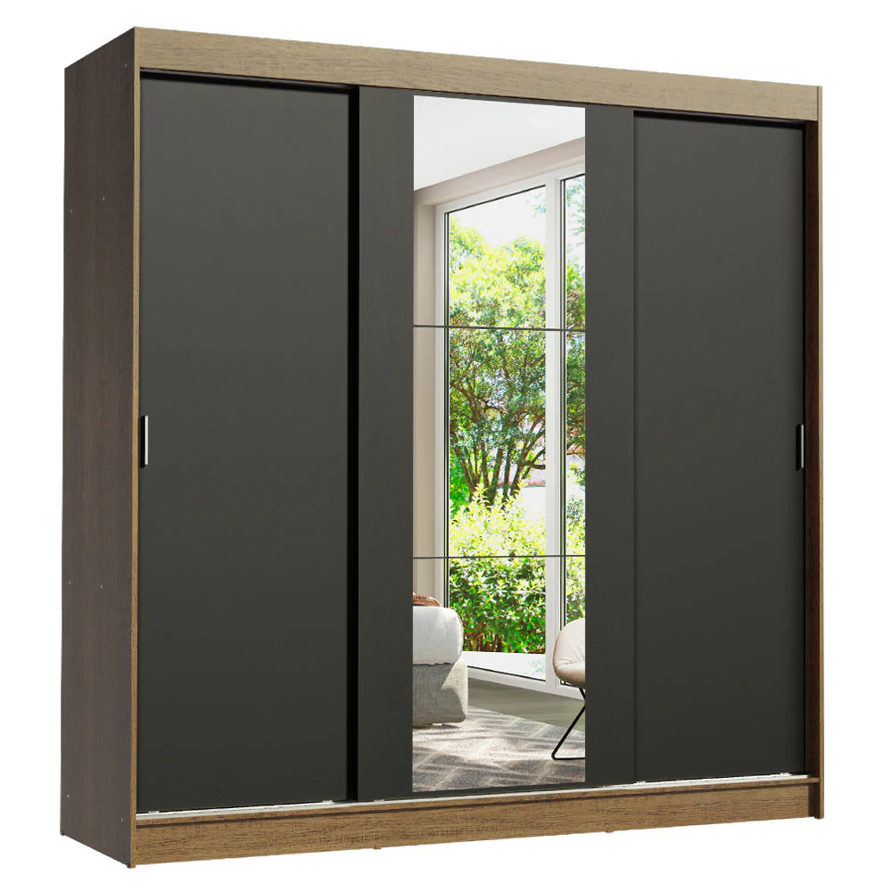 Guarda-Roupa Casal 3 Portas de Correr com Espelho Rustic/Preto Madesa Reno - Image 2