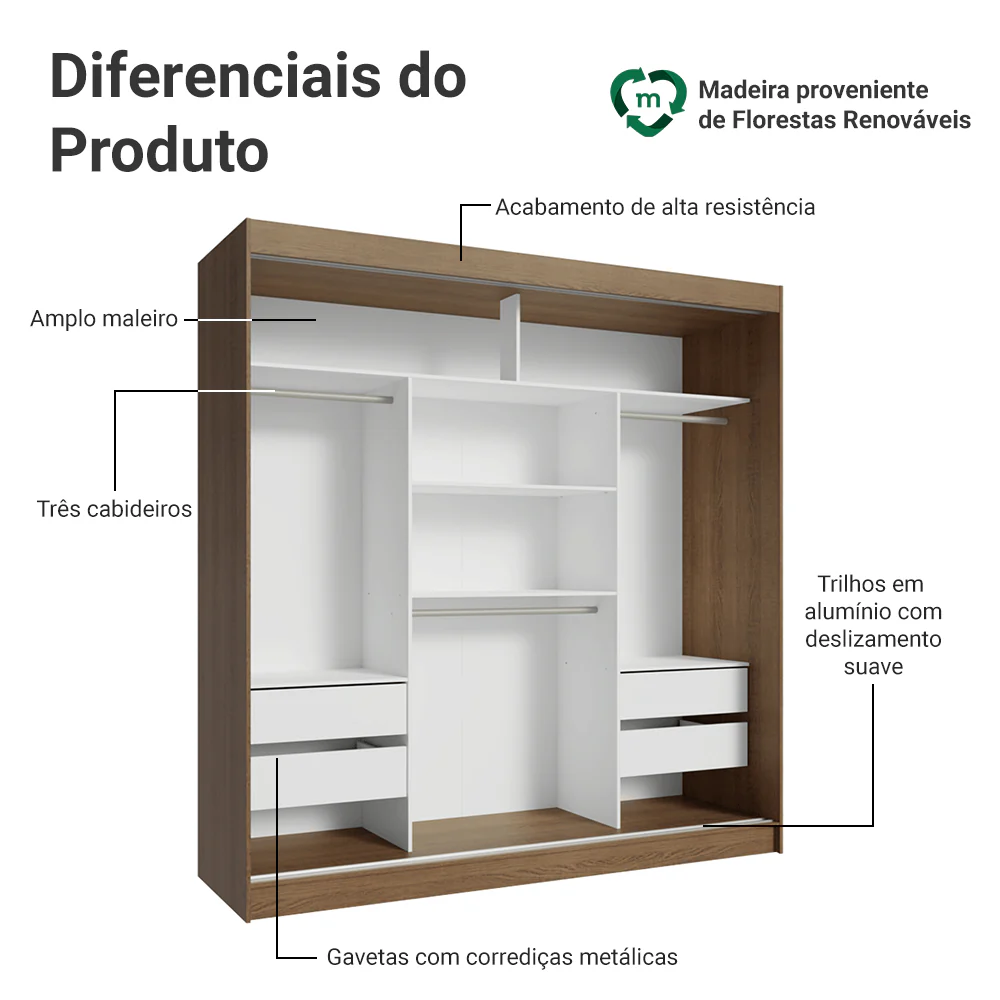 Guarda-Roupa Casal 3 Portas de Correr com Espelho Rustic/Preto Madesa Reno - Image 4