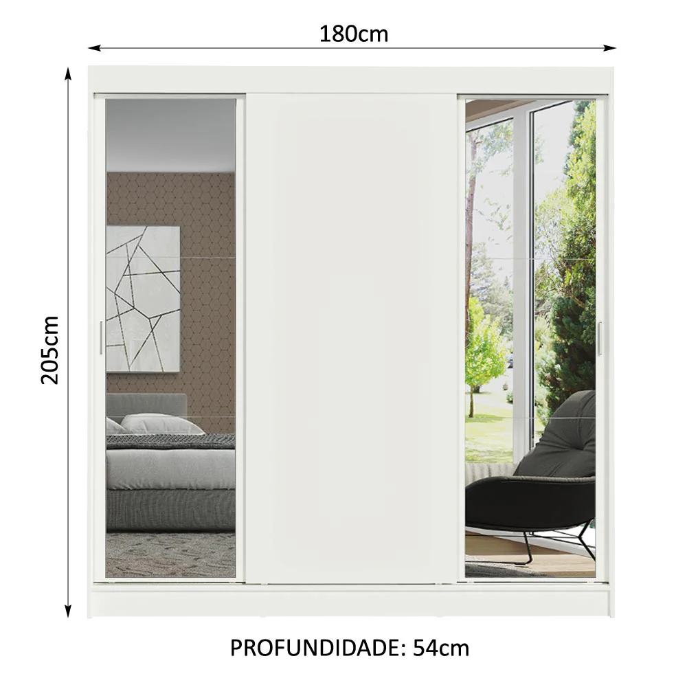 Guarda-Roupa Casal Madesa Reno 3 Portas de Correr com Espelhos Branco - Image 3