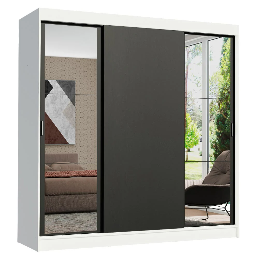 Guarda-Roupa Casal Madesa Reno 3 Portas de Correr com Espelhos Branco/Preto - Image 2