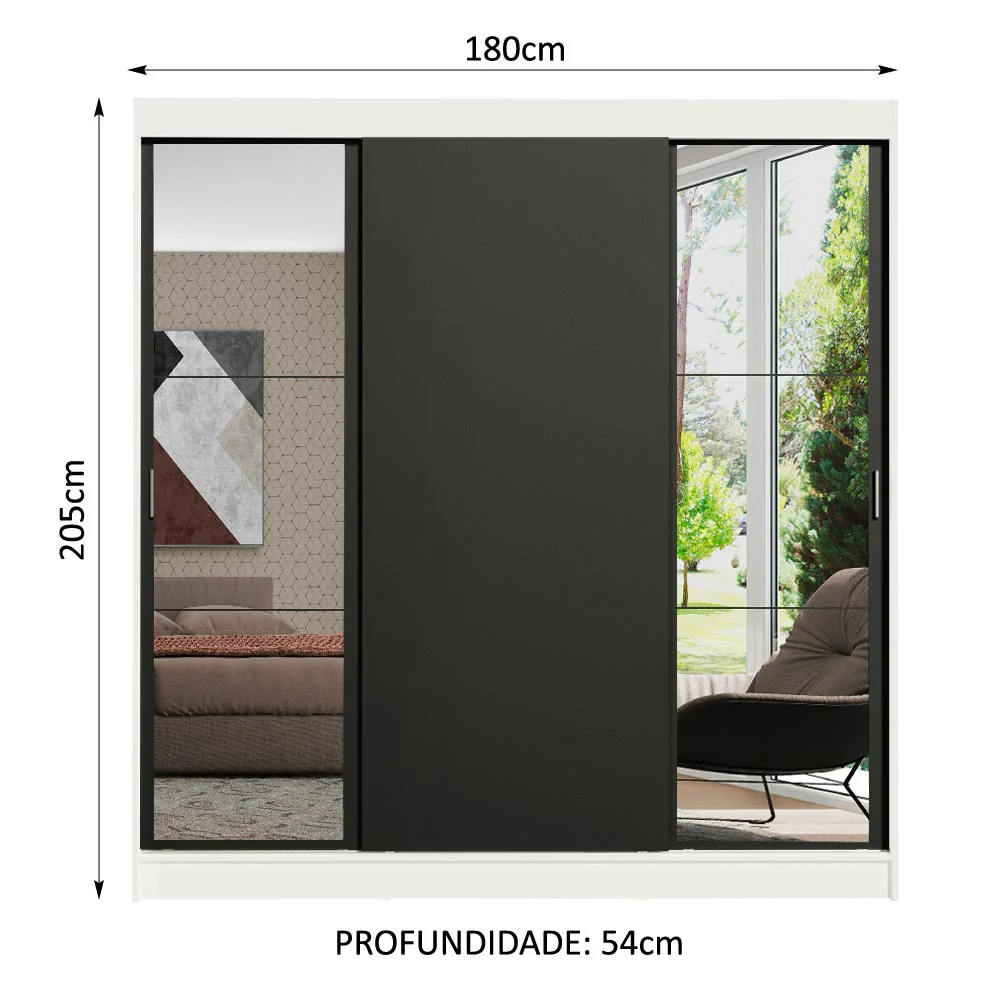 Guarda-Roupa Casal Madesa Reno 3 Portas de Correr com Espelhos Branco/Preto - Image 3