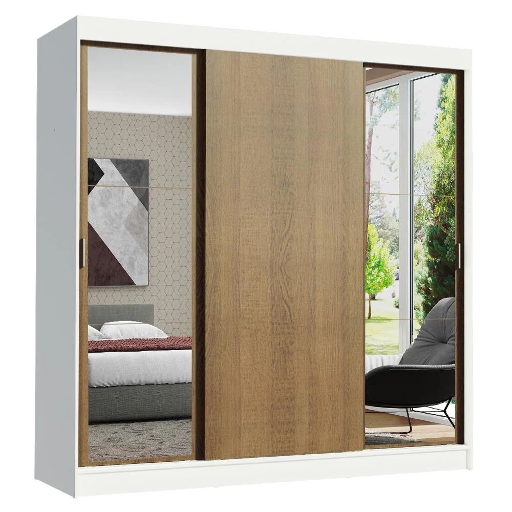 Guarda-Roupa Casal Madesa Reno 3 Portas de Correr com Espelhos Branco/Rustic - Image 2