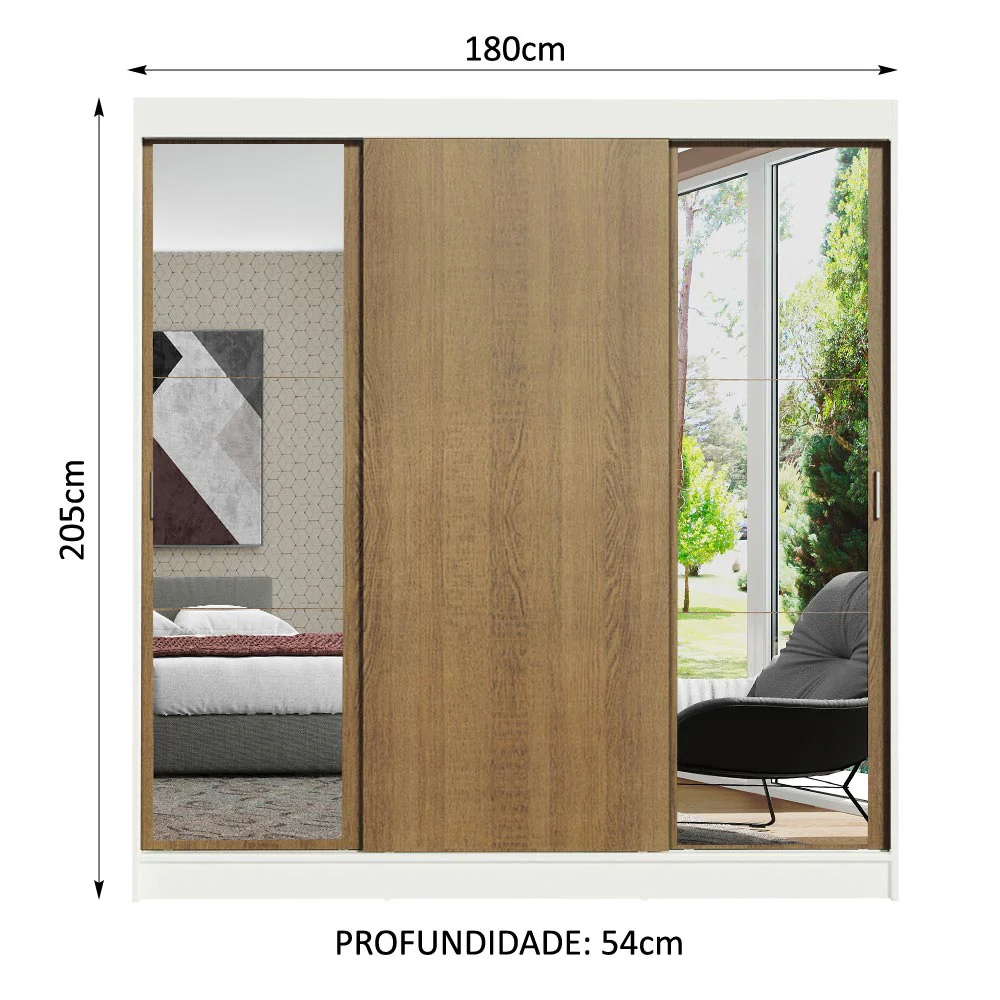 Guarda-Roupa Casal Madesa Reno 3 Portas de Correr com Espelhos Branco/Rustic - Image 3